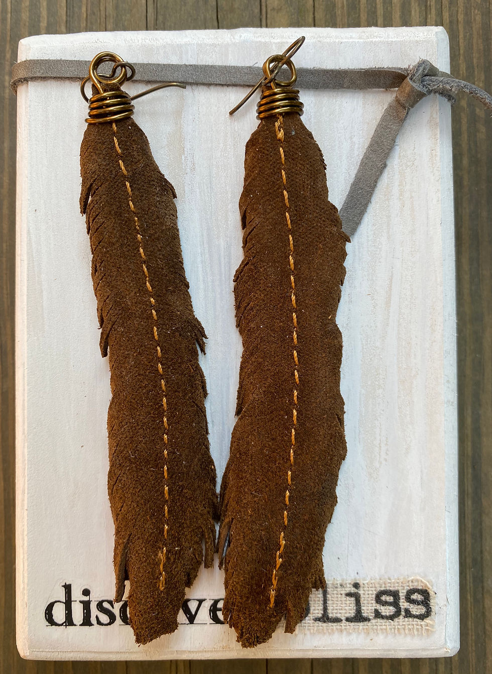 Thumbnail: Deep Brown and Metallic Brown Leather Feather Earrings with Antique Bronze Wire