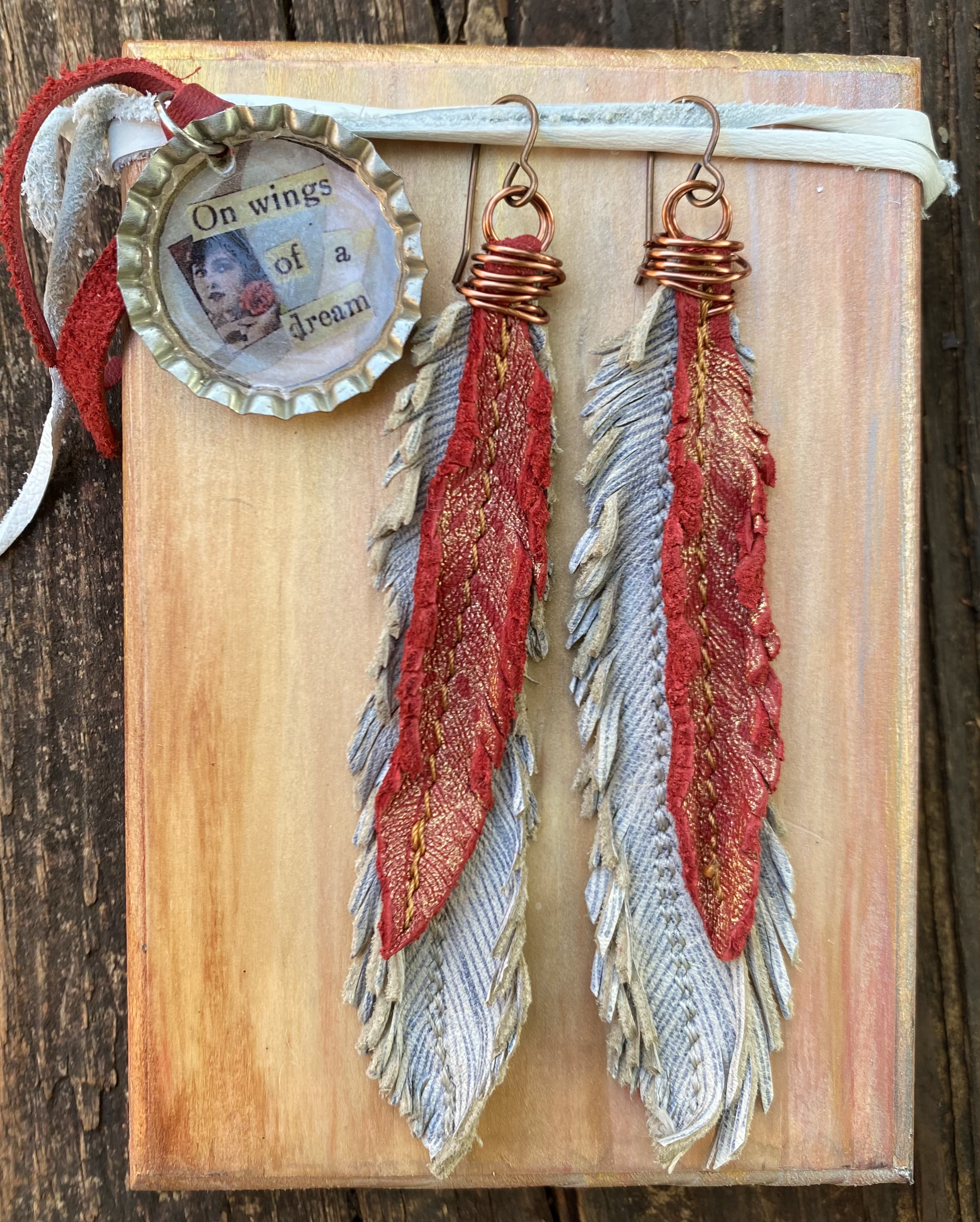 "On Wings of a Dream" Red & White Leather Feather Earrings Copper wire
