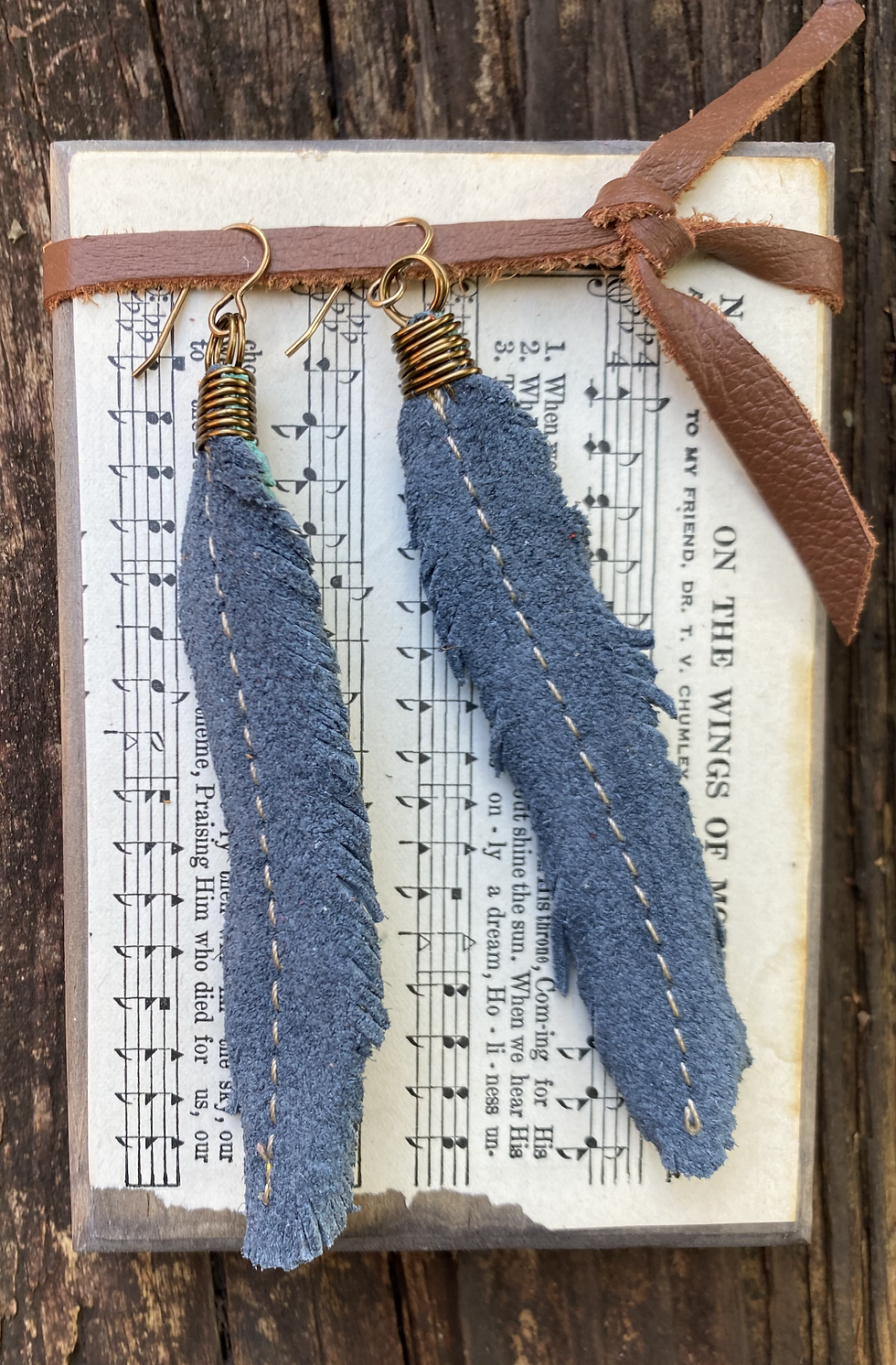 Thumbnail: Teal and Blue Leather Feather Earrings with Natural Brass Wire