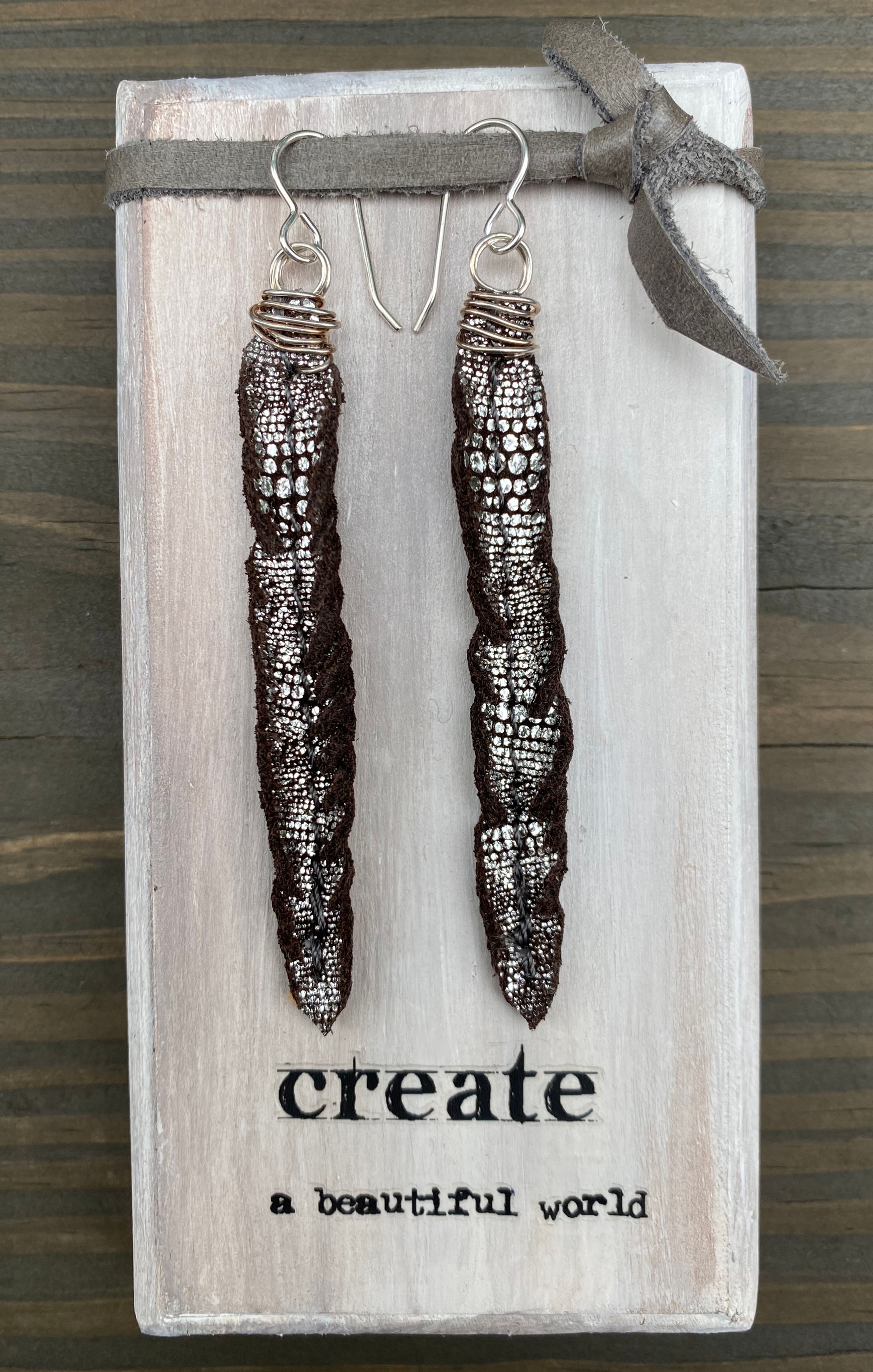 Dark Brown Metallic Leather Feather Earrings with Silver Wire