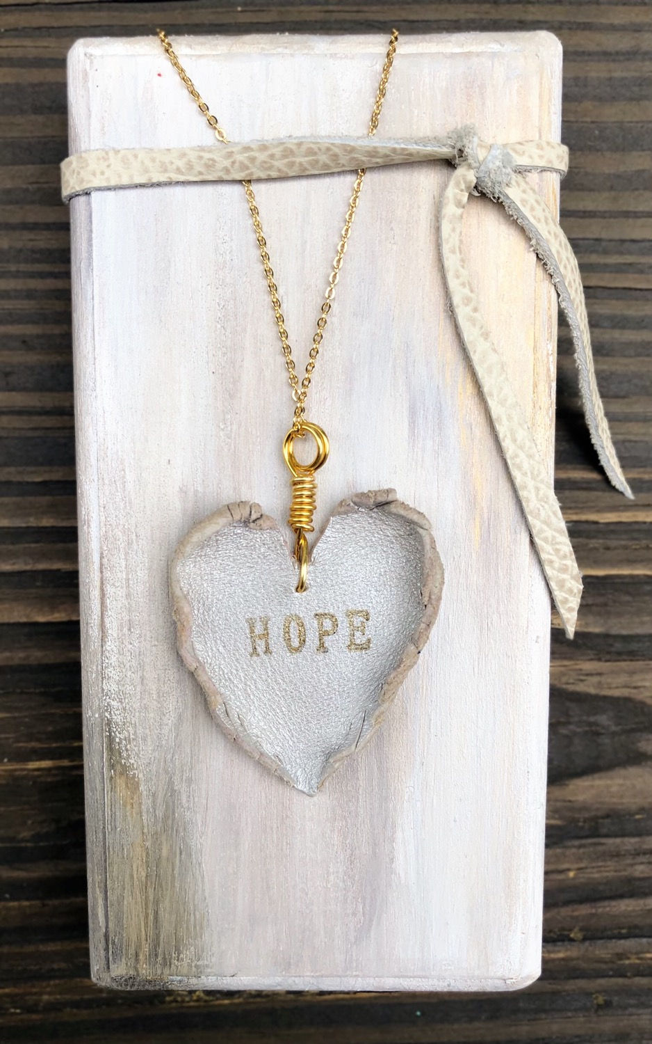 Ivory Leather Feathered Heart Necklace, Hope message