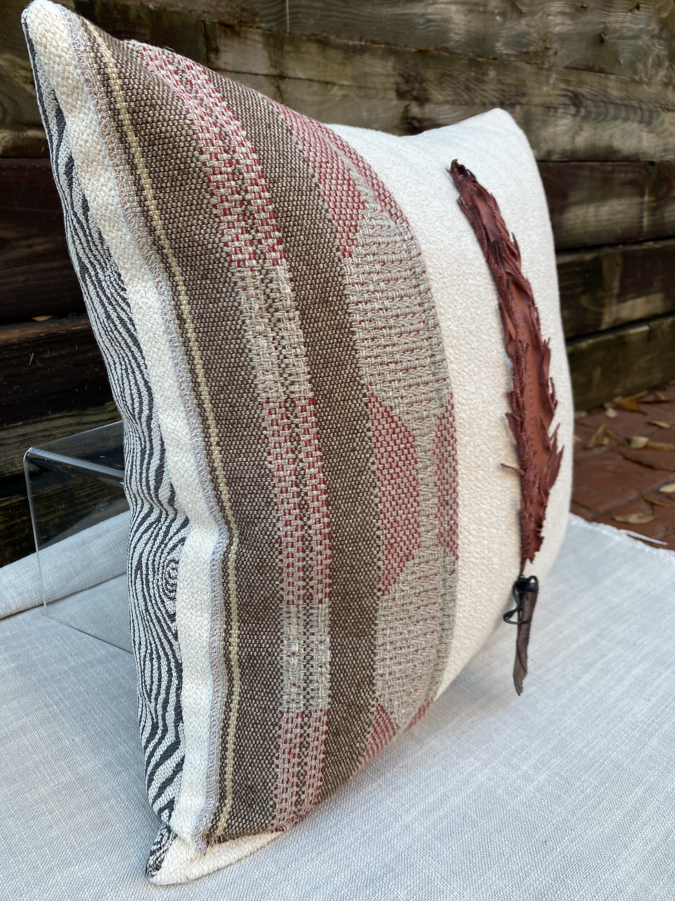 Thumbnail: Natural Woven Accent Pillow with Rose colored Leather Feather