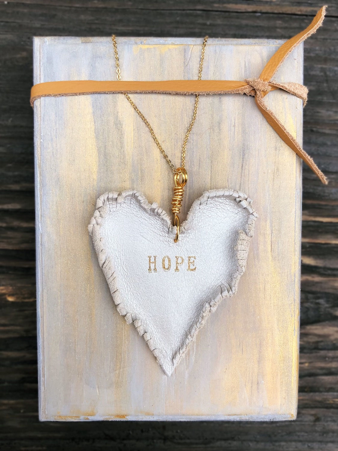 Large Ivory Leather Feathered Heart Necklace, Stamped “HOPE”, Gold Wire & Chain