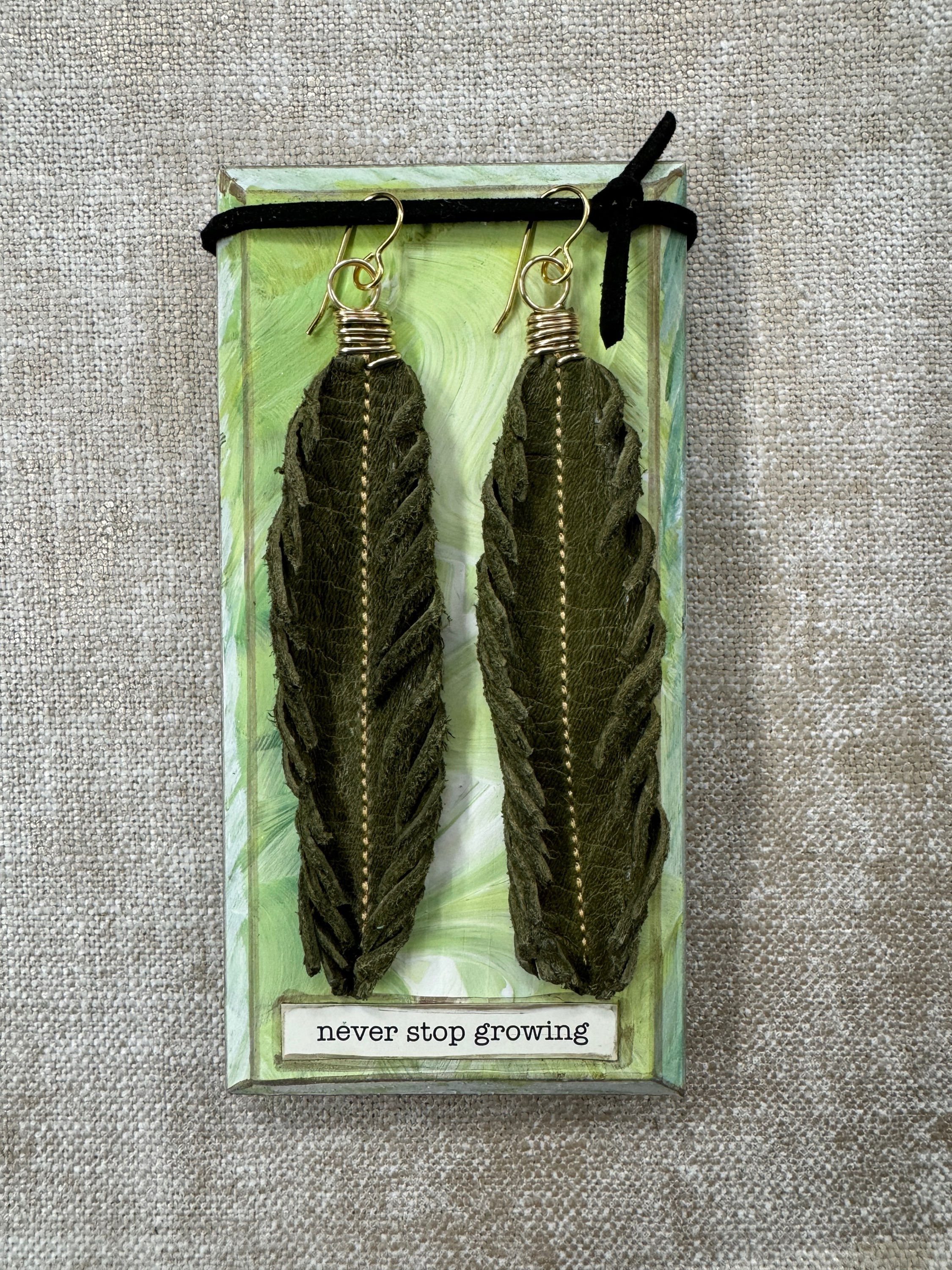 Green Leather Feather Earrings Gold Wire