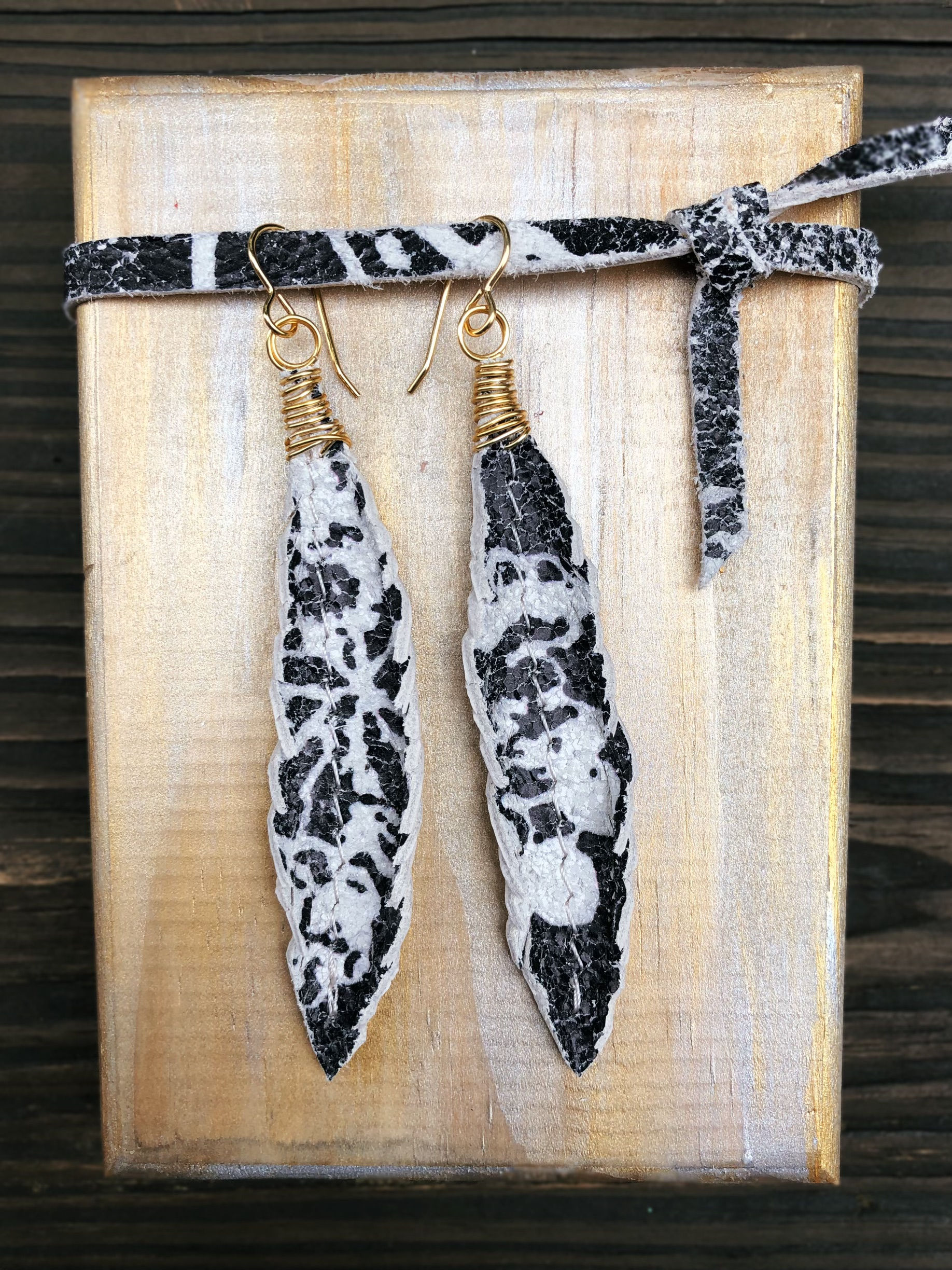 Black and White Fine Italian Leather Feather Earrings with Gold Wire