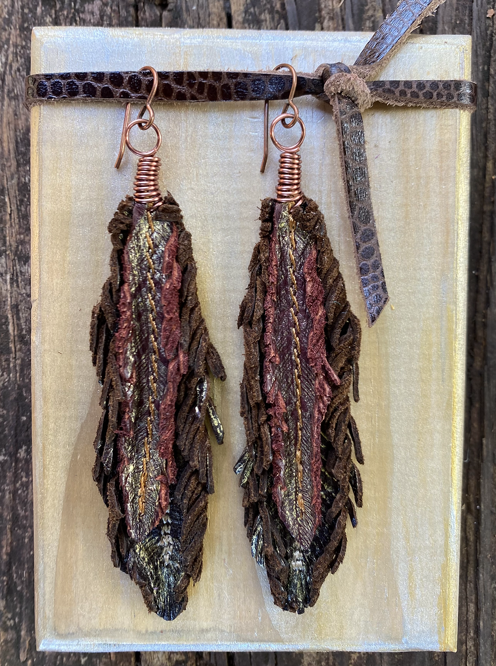Thumbnail: Brown & Red Leather Feather Earrings with Antique Copper