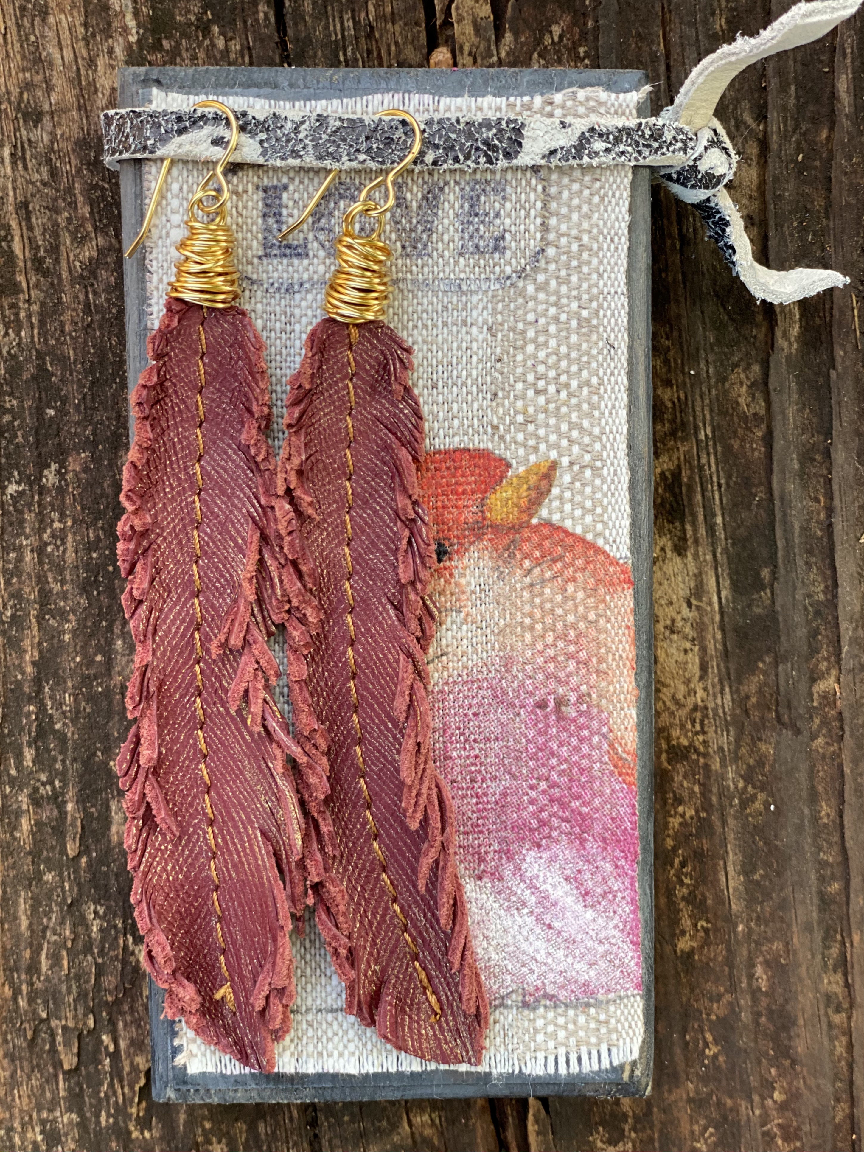 Red Leather Feather Earrings with Love Bird stand