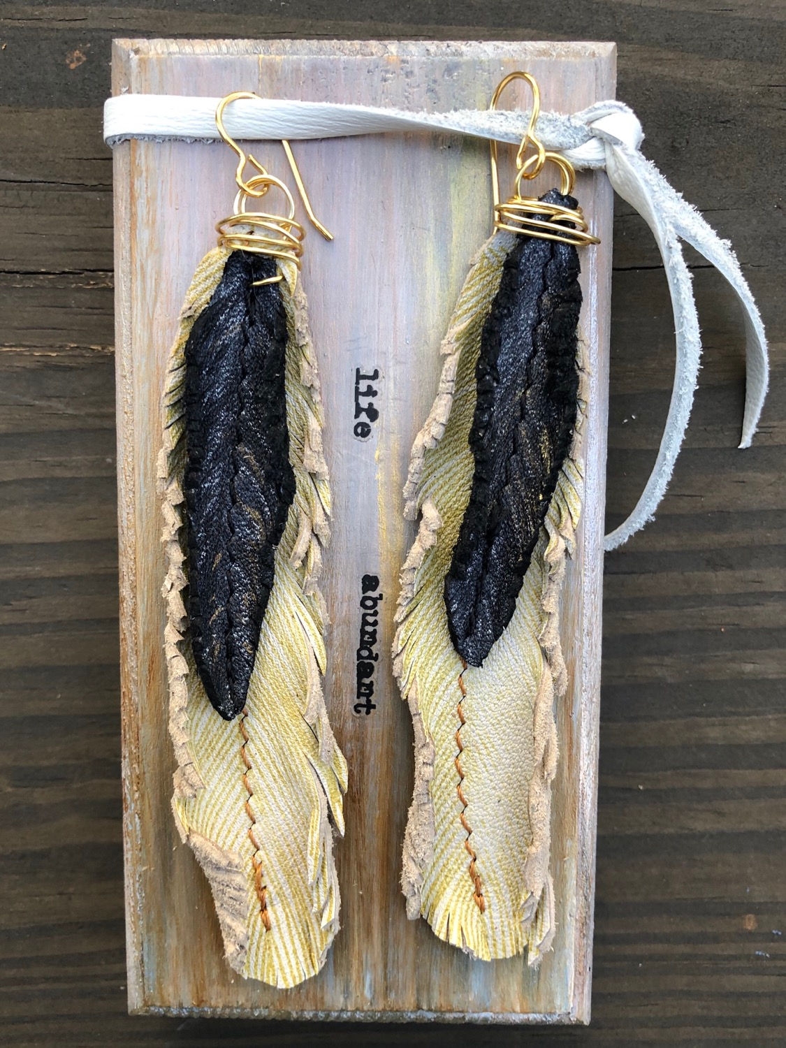 Black & Ecru Double Leather Feather Earrings