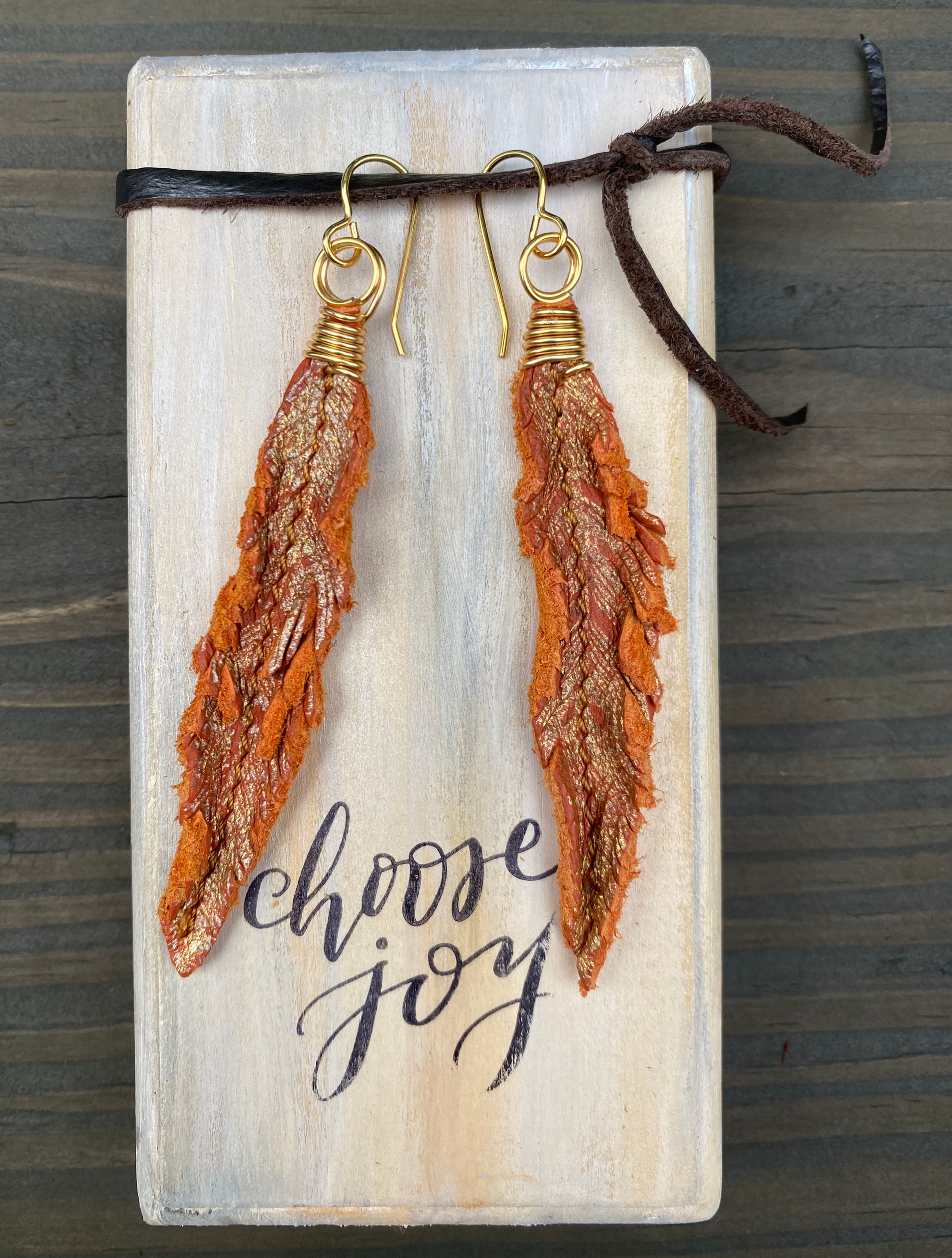 Vibrant Orange Leather Feather Earrings with Gold Wire