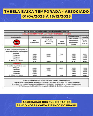 TABELA BAIXA TEMPORADA 