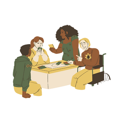 Neurodiverse and disabled friends playing a board game together.