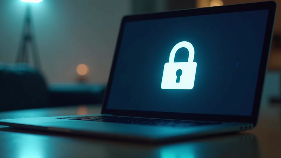 Close-up view of a laptop with a security lock symbol on the screen