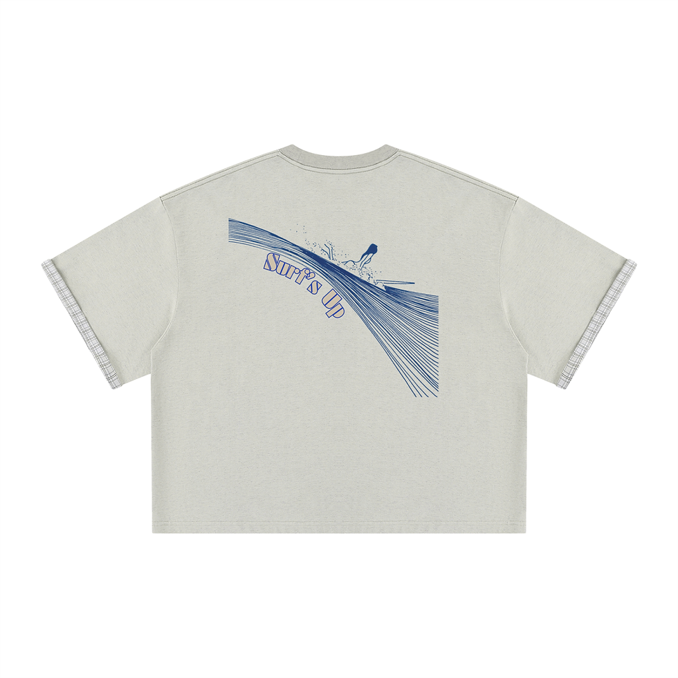 Thumbnail: LyDi - Surf's Up - Unisex Boxy Plaid-Lined Double-Face T-Shirt