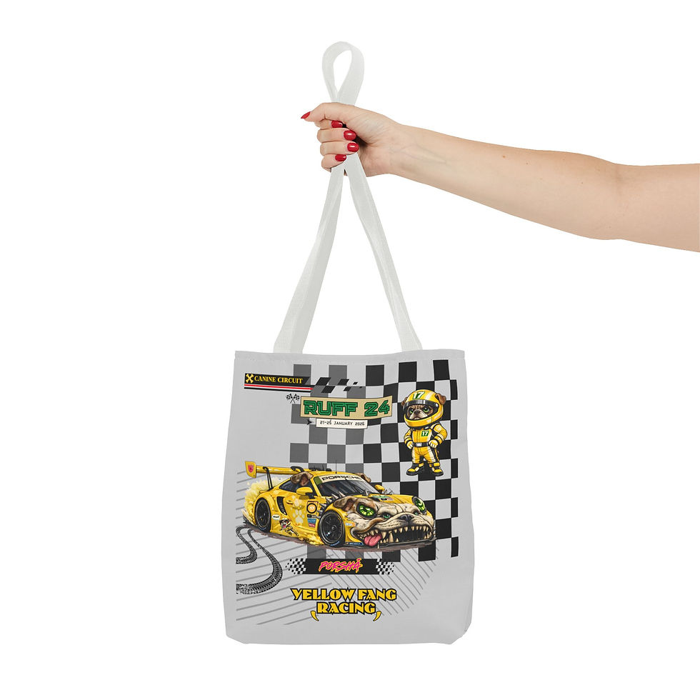 Thumbnail: Ruff 24 Racing Tote Bag - Yellow Fang Car & Checkered Track Design