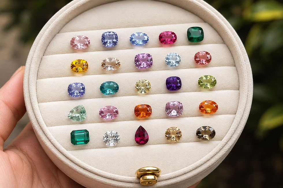 Selection of colorful, responsibly sourced gemstones displayed in a round jewelry case for creating an ethical jewelry collection - Erawan Atelier