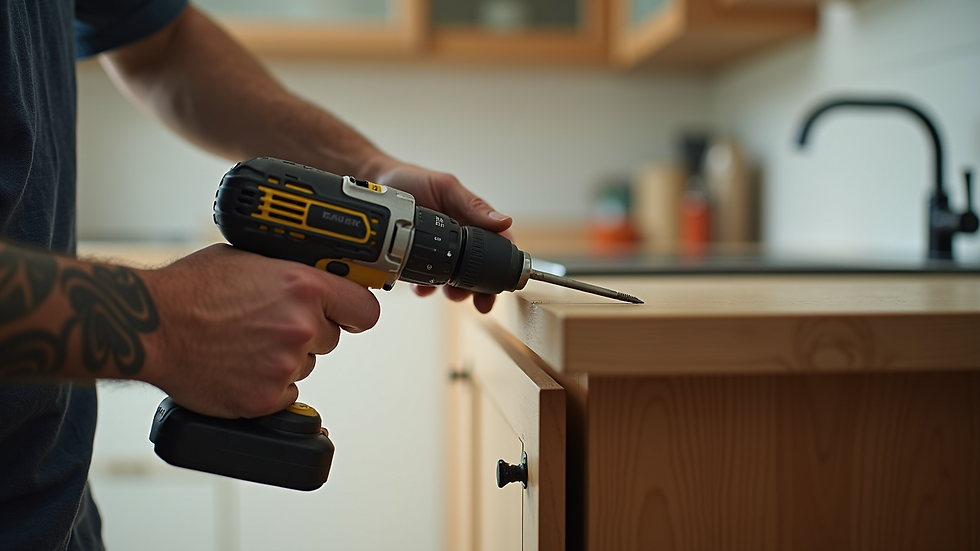 Close-up view of a handyman using a drill to fix a kitchen cabinet