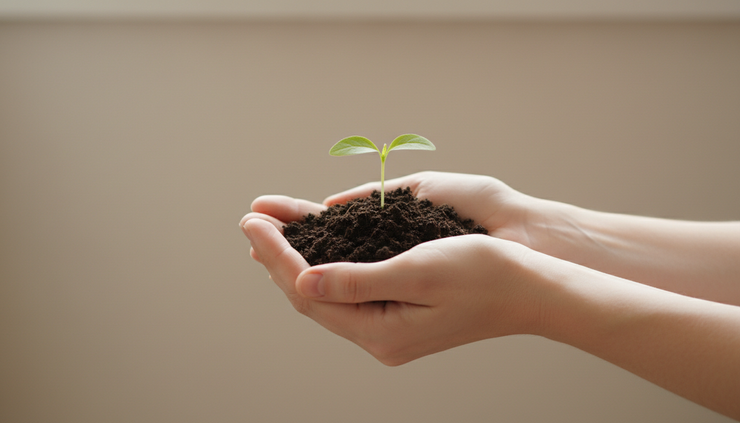 Close-up view of two hands gently holding a small green seedling in soil.
