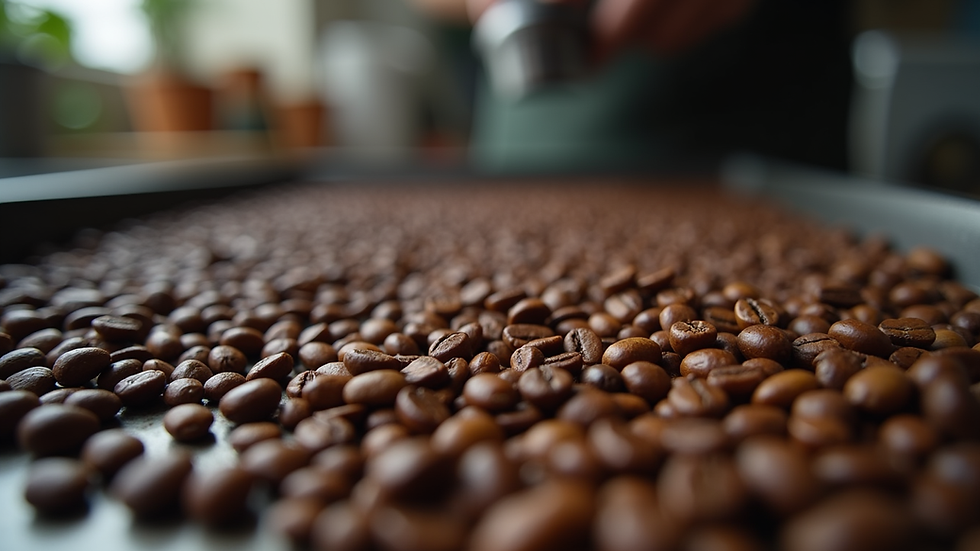 Eye-level view of freshly roasted coffee beans cooling on a tray