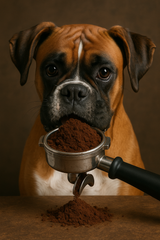 Boxer Dog with porta filter and ground coffee