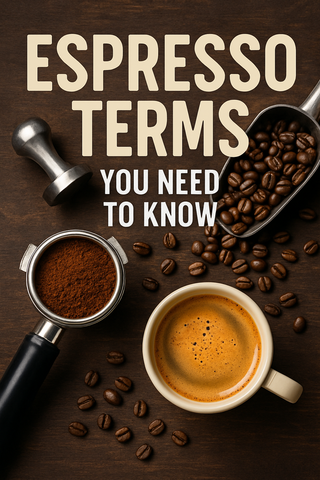 Espresso tools with coffee beans and cup, dark brown background. Text reads "ESPRESSO TERMS YOU NEED TO KNOW." Warm, inviting mood.