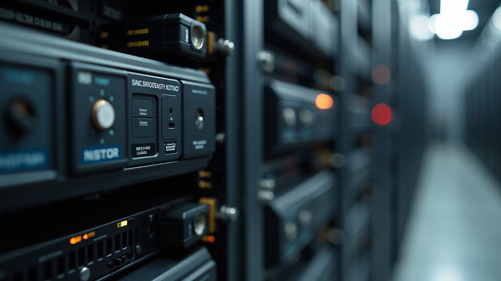 Close-up view of a UPS unit with clear labeling and connections