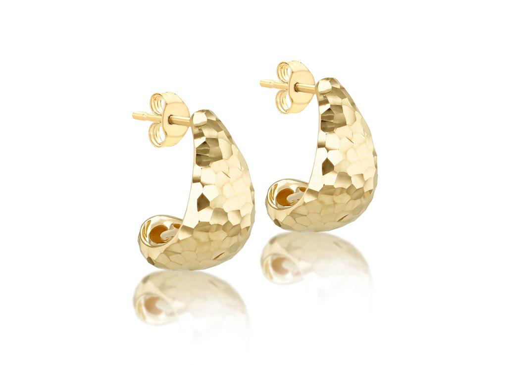 crescent shaped 9ct gold hammered effect diamond cut earrings