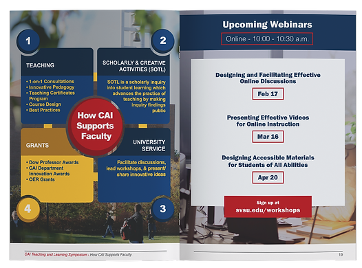 Image of the How CAI SUpports Faculty an Upcoming Webinars pages of the Symposium booklet