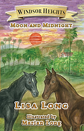 Book 3 – Moon and Midnight: Book cover depicting two horses, one black and one brown, standing together with purple sunset