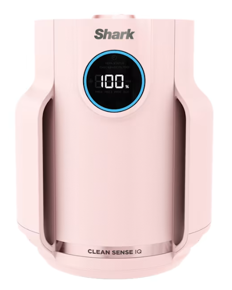 Pink Shark air purifier with a digital display showing 100%. The words "CLEAN SENSE IQ" are visible. Sleek, modern design.