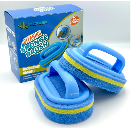 Two blue and yellow cleaning sponge brushes with handles beside a box labeled Cleaning Sponge Brush, 2 pack.