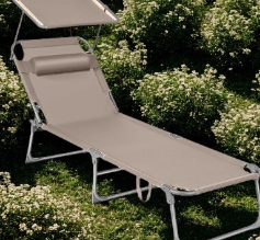 Three affordable sun loungers styled in a modern garden patio