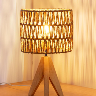 Small Rattan Table Lamp, Rustic Wood