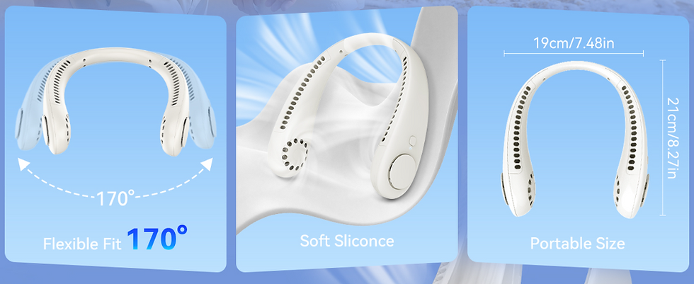 U-shaped white neck fan shown in three panels: flexible fit 170°, soft silicone, portable size 19cm x 21cm on blue background
