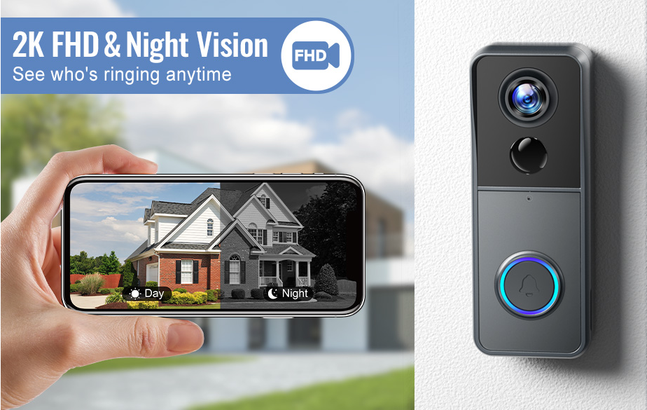 Smart doorbell with camera and screen showing day/night views of a house. Text: 2K FHD & Night Vision, See who's ringing anytime.