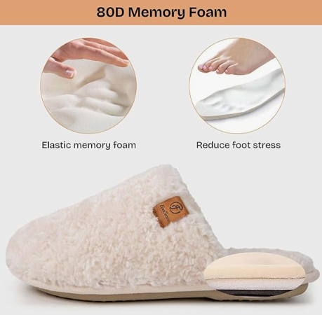 Cosy beige slipper with memory foam, showing indents and foot stress relief. Text reads "80D Memory Foam." Circular images emphasize comfort.