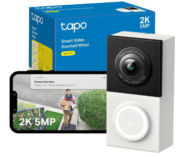 Tapo smart video doorbell with 180° lens is shown. Box and phone screen display person detection alert. Packaging is blue and white.