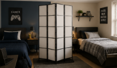 Modern shared teenagers bedroom divided into two separate spaces using a folding privacy screen room divider.