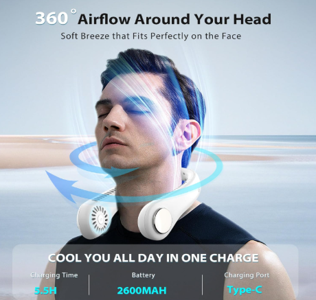 Man wearing a white neck fan with blue airflow arrows; promo text says 360° Airflow Around Your Head and Cool You All Day in One Charge