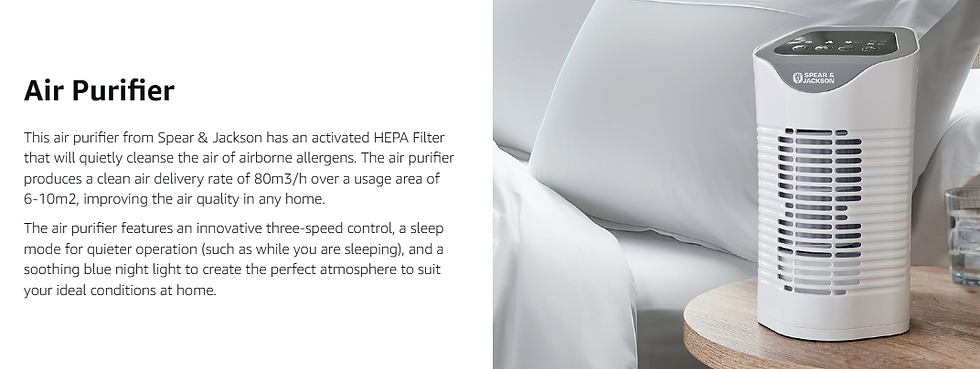 White air purifier on a bedside table next to white bedding. Text describes features like HEPA filter, three-speed control, and night light.
