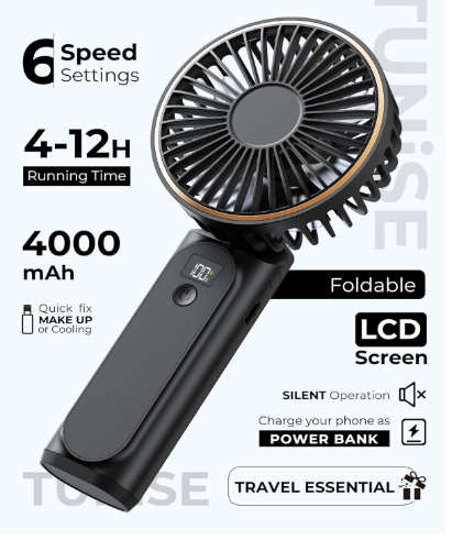 Black foldable fan with LCD screen. Features 6 speed settings, 4-12H run time, 4000mAh, silent mode, and phone charging. Travel essential.