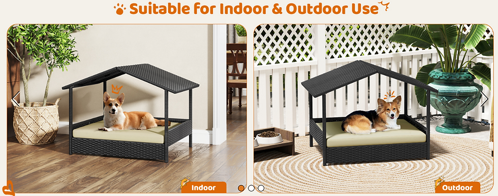 Two corgis in wicker dog houses, one indoors on wooden floor, one outdoors on a rug. Text reads "Suitable for Indoor & Outdoor Use."