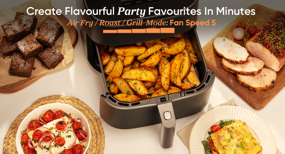 Air fryer with potato wedges, brownies, roast slices, tomato salad and bake; text says Create Flavourful Party Favourites