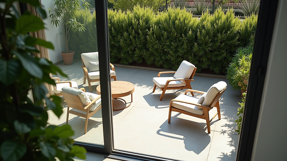 High angle view of a backyard patio with modern furniture and greenery