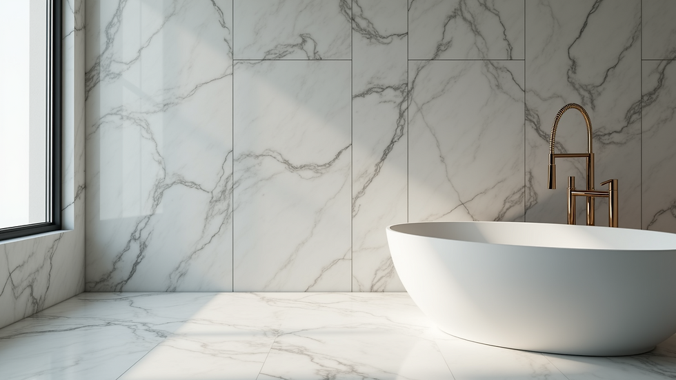 Close-up view of a luxurious bathroom with marble tiles and a freestanding tub