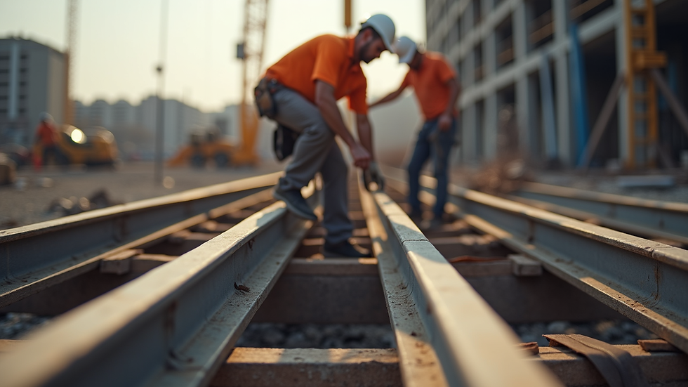 Close-up view of construction workers installing steel beams on a commercial site