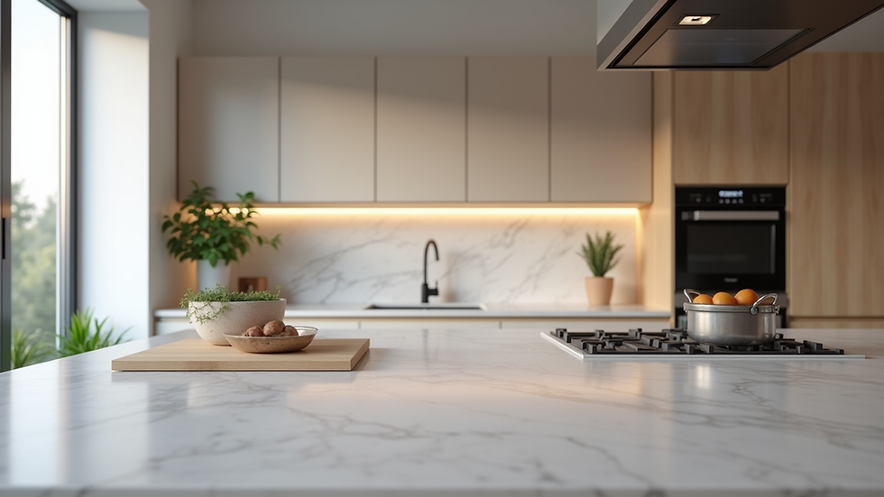 Eye-level view of a modern kitchen renovation with sleek cabinetry and marble countertops