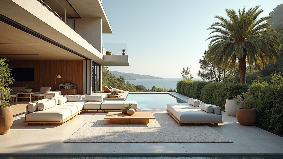 Wide angle view of a luxury outdoor living space with modern furniture