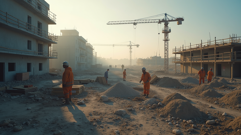 Wide angle view of a construction site with several workers
