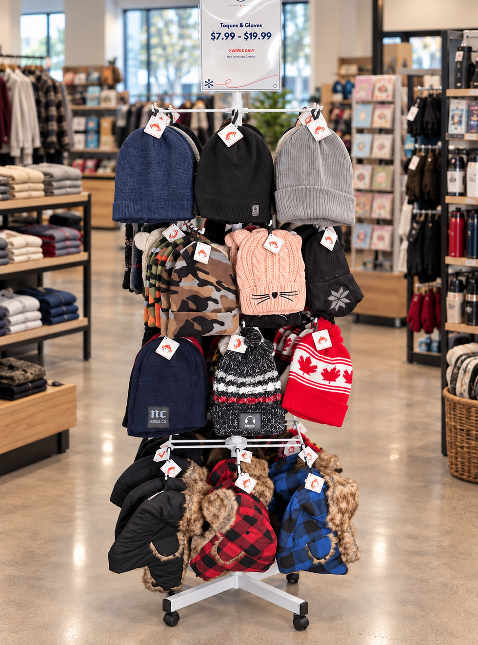 Winter accessories display featuring navy, black, and grey knit toques, camouflage and Canada-themed hats, and plaid winter headwear with ear flaps.