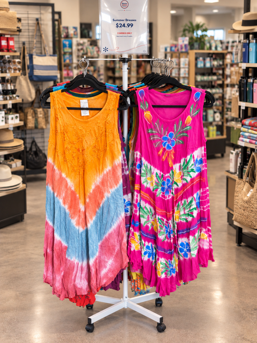 Colourful orange, pink and patterned summer dresses displayed on a retail clothing rack.